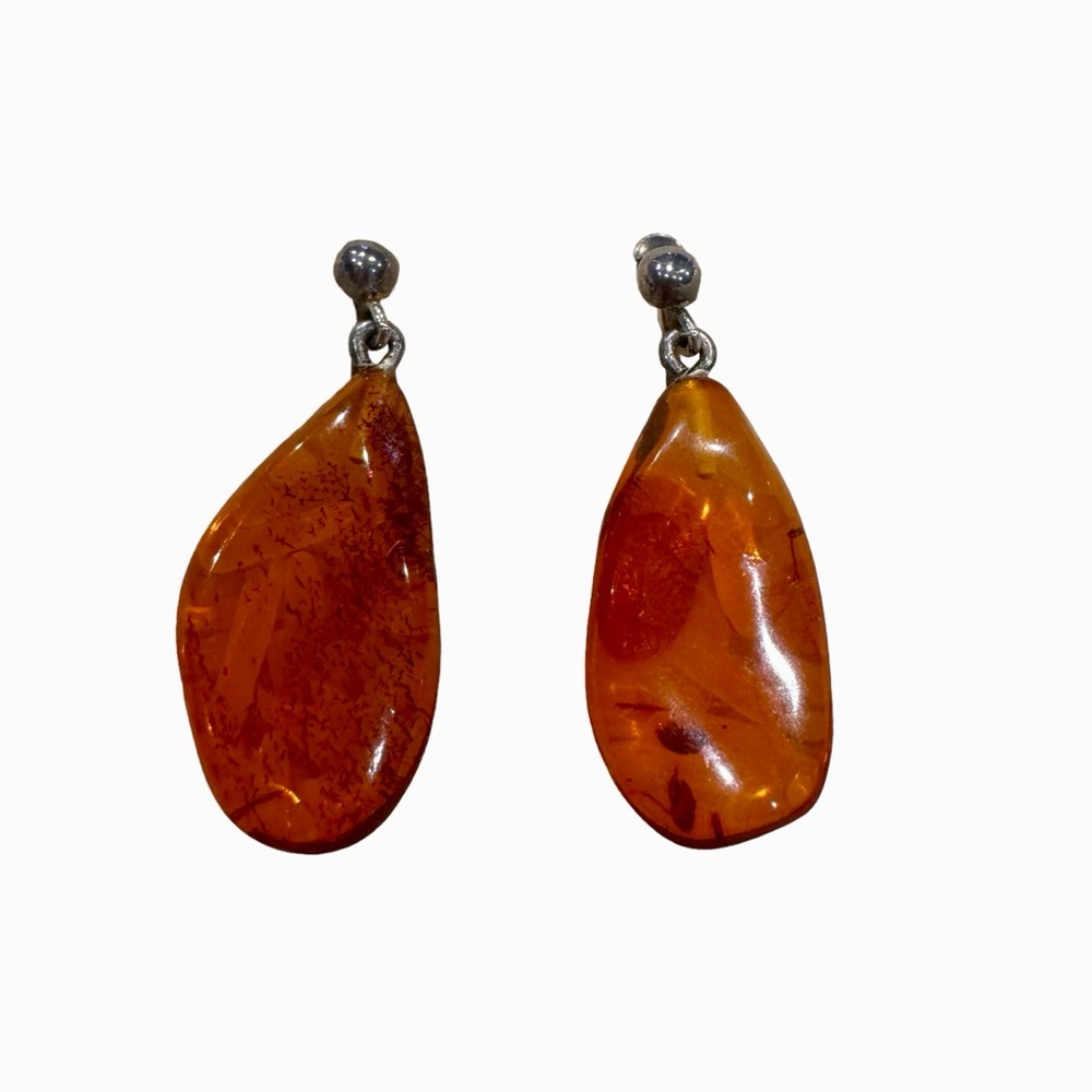 Vintage Honey Amber Earrings Tear drop Dangle Sterling Silver 925S Screwback